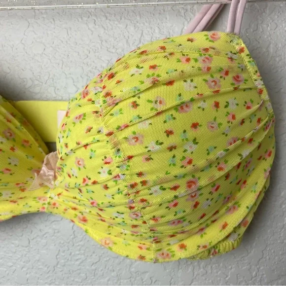 Victoria's Secret Butter Yellow and Pink Floral Bra Padded Demi Size 36D - Picture 2 of 9